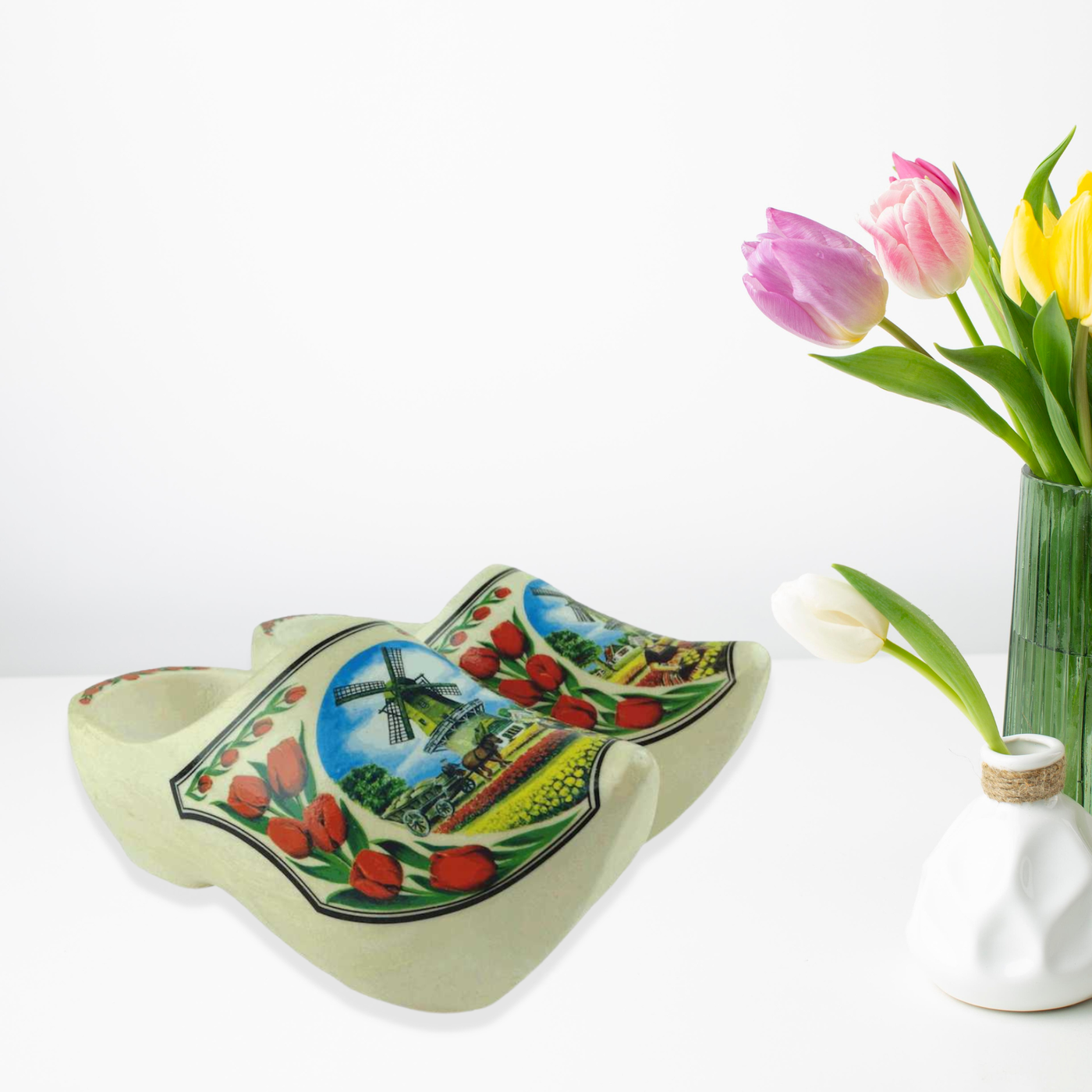 Decorative Dutch Shoe Clogs w/ Windmill and Tulips Design