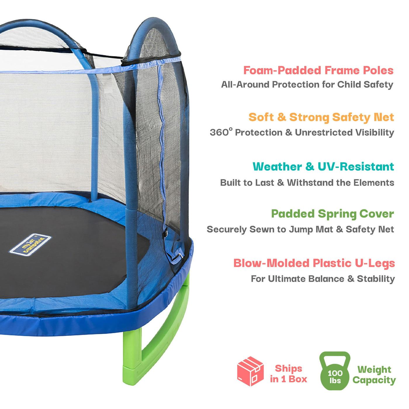 Sportspower Outdoor My First Kids Trampoline with Safety Enclosure Net and Foam Pad, 7FT Round - Blue/Green