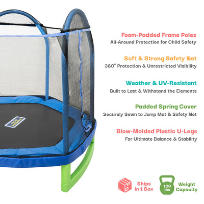 Sportspower Outdoor My First Kids Trampoline with Safety Enclosure Net and Foam Pad, 7FT Round - Blue/Green