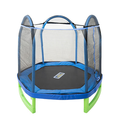 Sportspower Outdoor My First Kids Trampoline with Safety Enclosure Net and Foam Pad, 7FT Round - Blue/Green