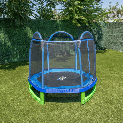 Sportspower Outdoor My First Kids Trampoline with Safety Enclosure Net and Foam Pad, 7FT Round - Blue/Green