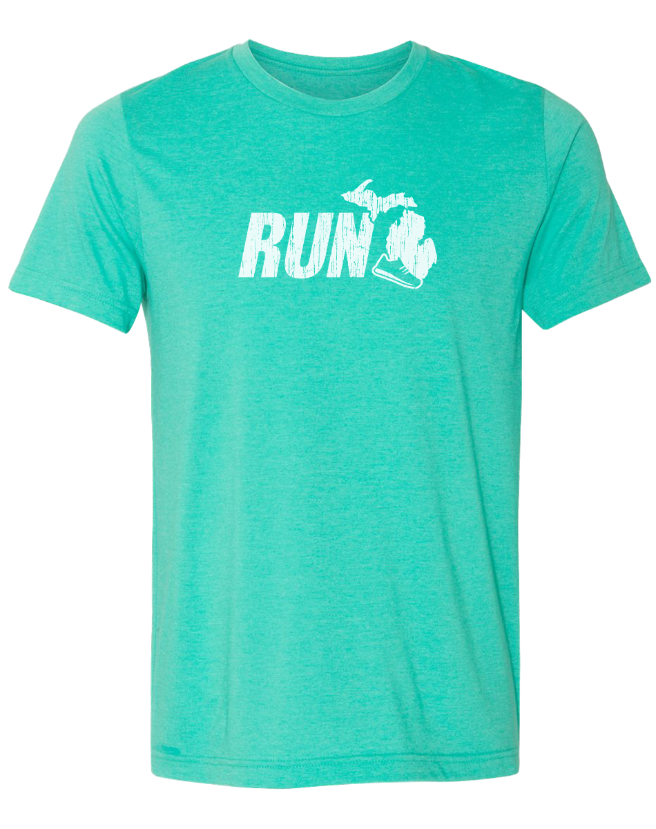 Run Michigan Unisex T-Shirt: Heather Lake Blue / XXL