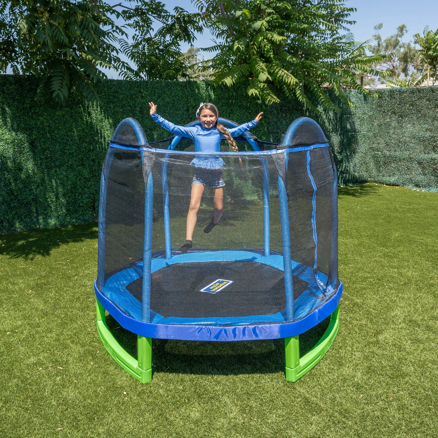 Sportspower Outdoor My First Kids Trampoline with Safety Enclosure Net and Foam Pad, 7FT Round - Blue/Green