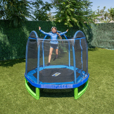 Sportspower Outdoor My First Kids Trampoline with Safety Enclosure Net and Foam Pad, 7FT Round - Blue/Green