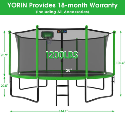 YORIN 1200LBS 12FT Trampoline for Kids Adults, Trampoline with Safety Enclosure Net, Basketball Hoop and Ladder, Outdoor Heavy-Duty Trampoline