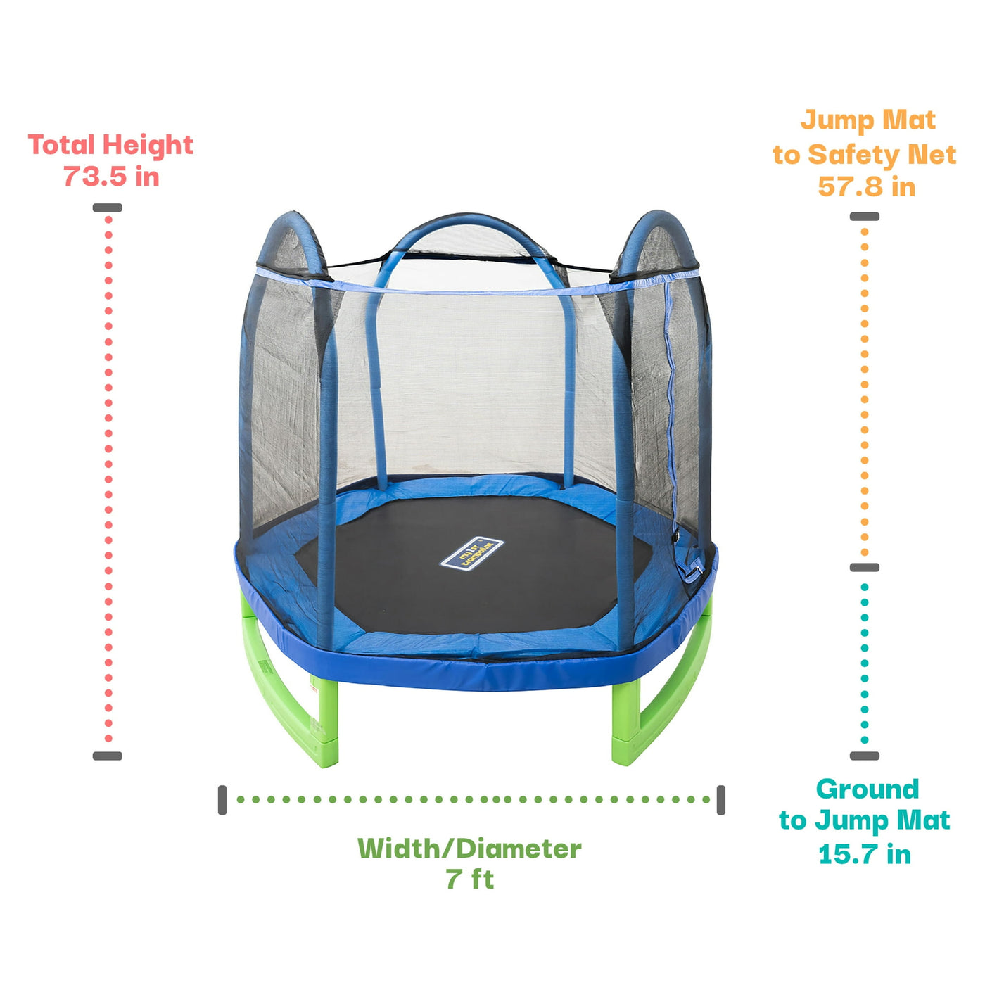 Sportspower Outdoor My First Kids Trampoline with Safety Enclosure Net and Foam Pad, 7FT Round - Blue/Green