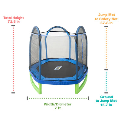 Sportspower Outdoor My First Kids Trampoline with Safety Enclosure Net and Foam Pad, 7FT Round - Blue/Green