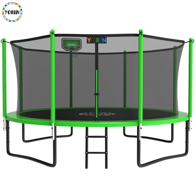 YORIN 1200LBS 14FT  Trampoline for Kids Adults, Trampoline with Safety Enclosure Net, Basketball Hoop and Ladder, Outdoor Heavy-Duty Trampoline