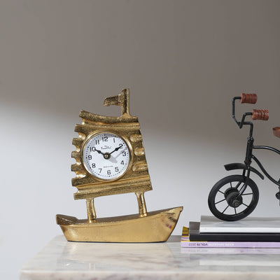 Decorative Table Clock with Gold Polished in Boat Shape-Desk